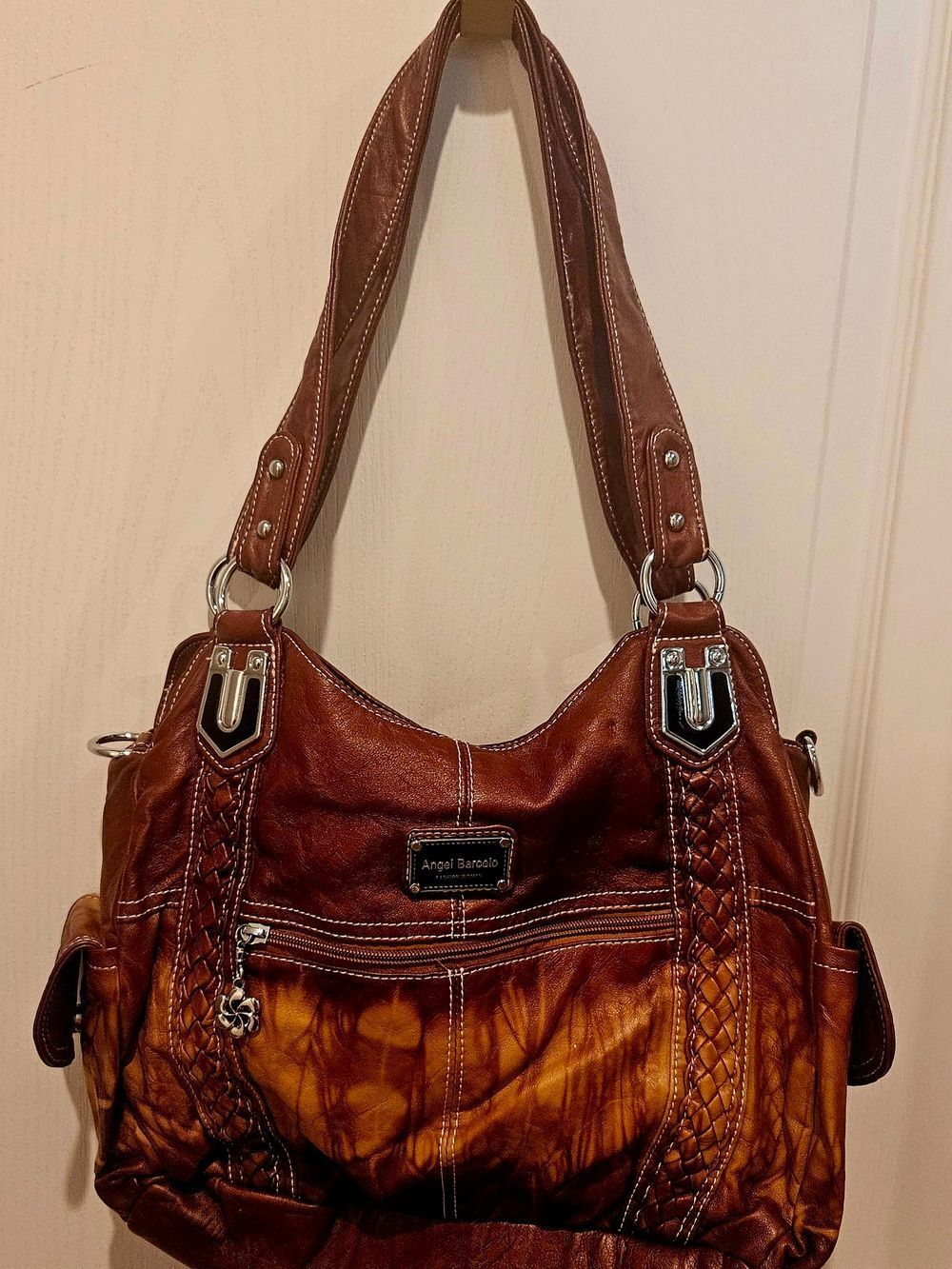 Brown Leather Shoulder Bag - Braided Strap Detail
